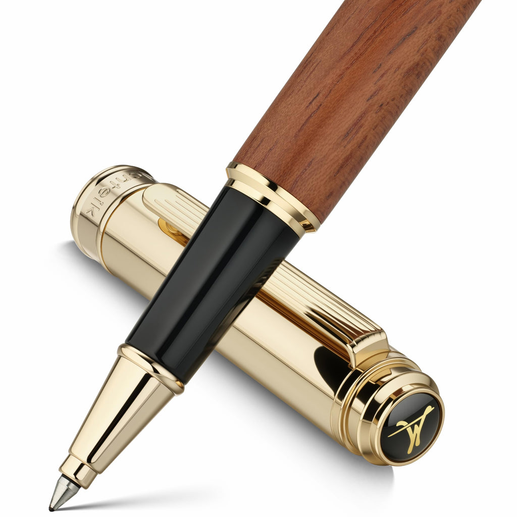 MCNTEIK 316 Luxury Journaling Pen, Nice Natural Wood for Writing, 24K Gold Accents, Schmidt refill, Fancy Rollerball, Gift Set for Men&Women, Executive&Professional Christmas Office, Pens-Rosewood