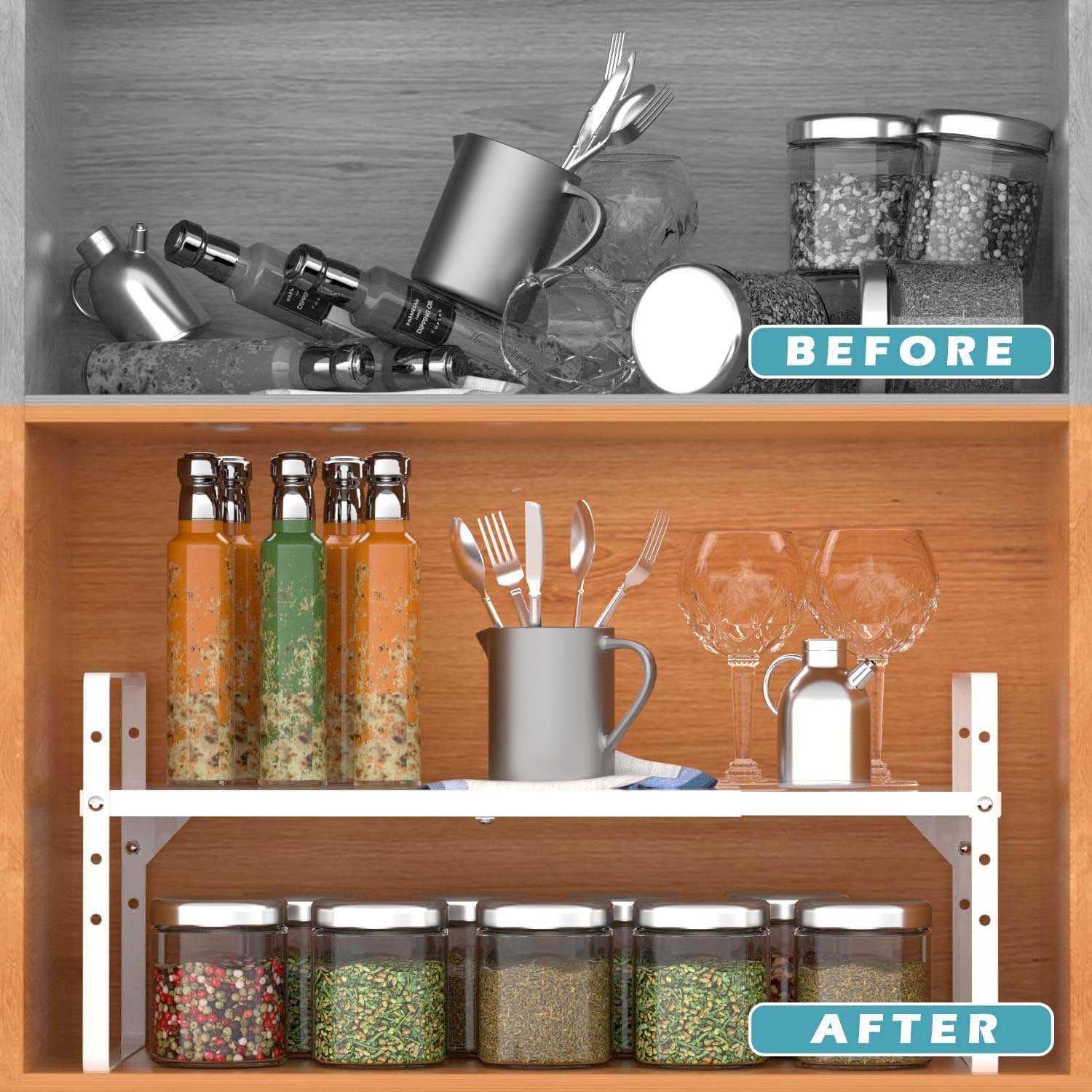 DPZM 1Pcs Expandable Cabinet Shelf,Stackable&Adjustable Cupboard Shelf,L16.5-27'' x W8'' Spice Rack,Spice Organizer, White Cabinet Shelf Organizer for Kitchen Office Bathroom