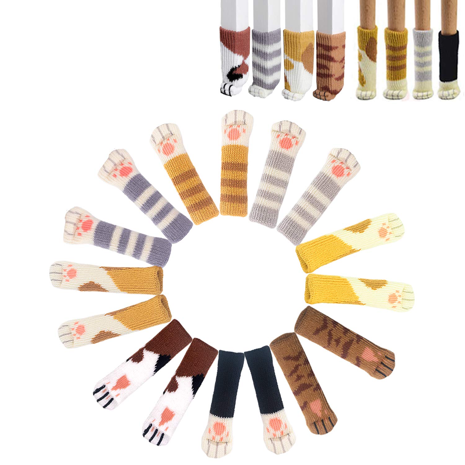32PCS (8 Sets) Chair Leg Protectors Fancy Cat Paw Socks Non Slip Chair Leg Feet Socks, High Elastic Furniture Socks Pads, Fit Furniture Feet Girth from 2.3" to 7.1", Knitted Furniture Cups