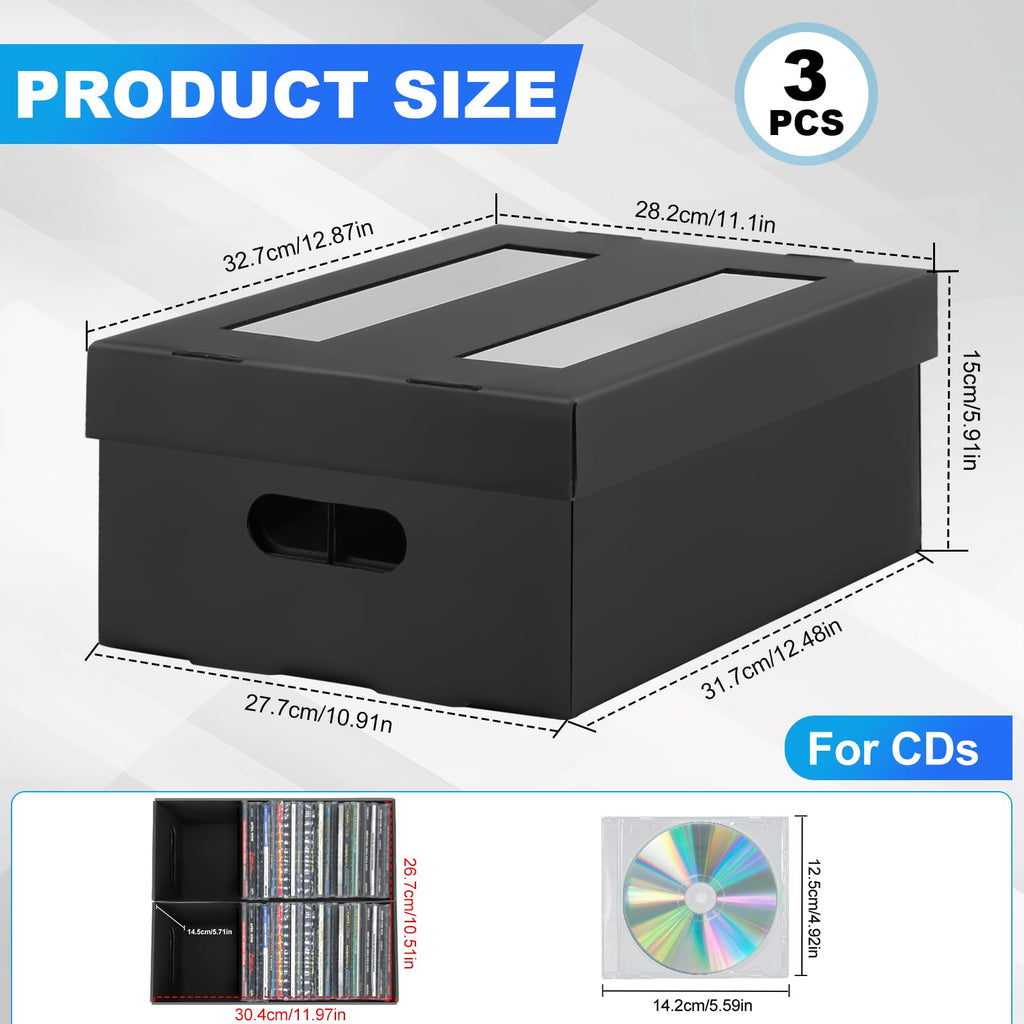 AOPULE CD Storage Boxes, 3 Pack 2 Compartment CD Case Storage, Cardboard DVD Case Holder with PVC Clear Lid, Each Holds 60 CDs in Full Jewel Cases,120 CDs in Slim Cases, 330 Discs in Sleeves
