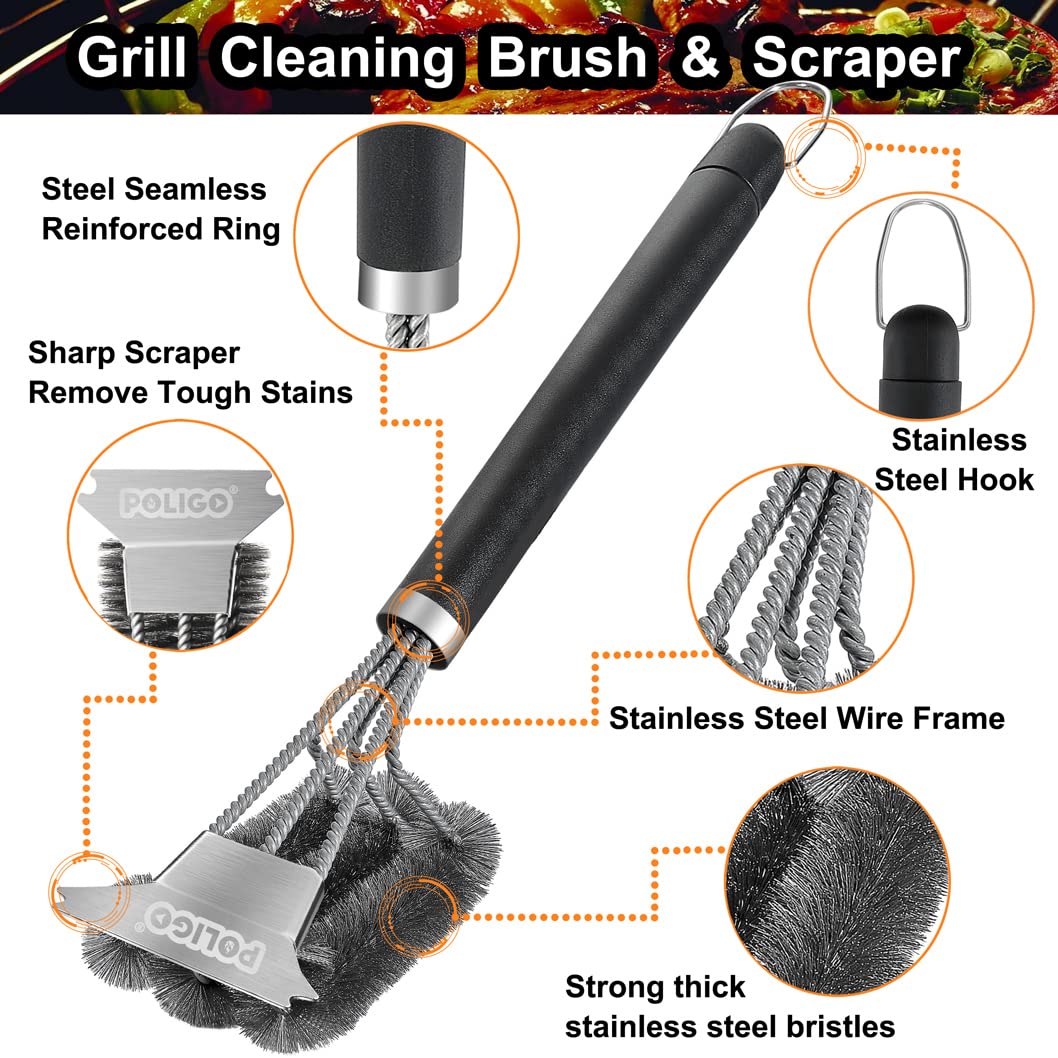 POLIGO Grill Brush and Scraper with Deluxe Handle - Safe Wire Stainless Steel BBQ Brush for Gas Infrared Charcoal Porcelain Grills - Ideal Gift BBQ Cleaning Brush for Grill Wizard Grate Cleaner