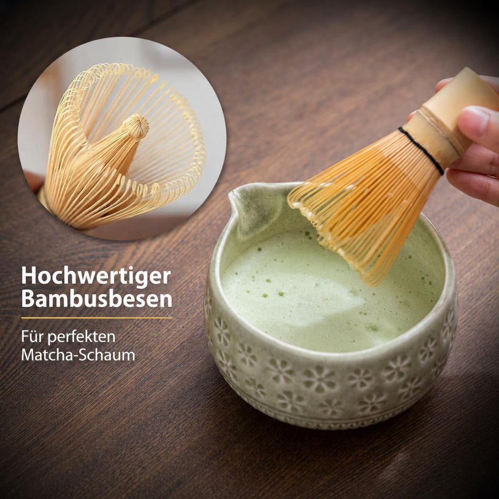 Buucup Matcha Whisk Set, Ceramic Matcha Set Includes Matcha Bowl, Matcha Whisk and Holder, Bamboo Scoop, Scoop Rest, Sifter and Tea Towel - 7 Pcs Matcha Kit for Matcha Lovers (Mottled Green)