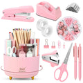 SKYDUE Pink Desk Accessories 10Pcs, 360-Degree Rotating Pen Holder, Stapler, Staple Remover, Tape Dispenser,2pcs Tape Refills, Binder Paper Clips Kit, Scissor,Pink Office Supplies