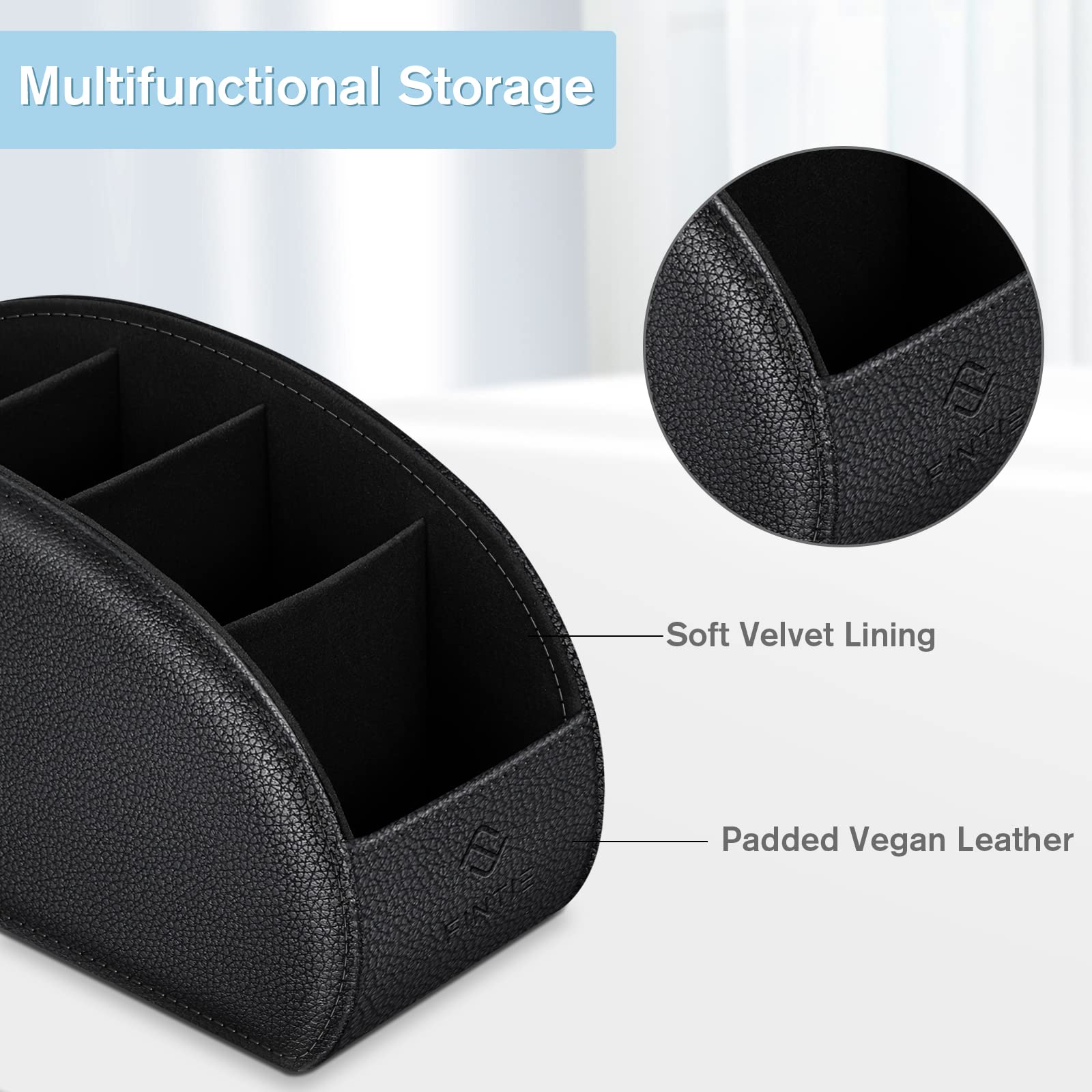 Fintie Remote Control Holder with 5 Compartments, Vegan Leather TV Remote Caddy Desktop Organizer Fits TV Remotes, Media Controllers, Office Supplies, Makeup Brush, Black