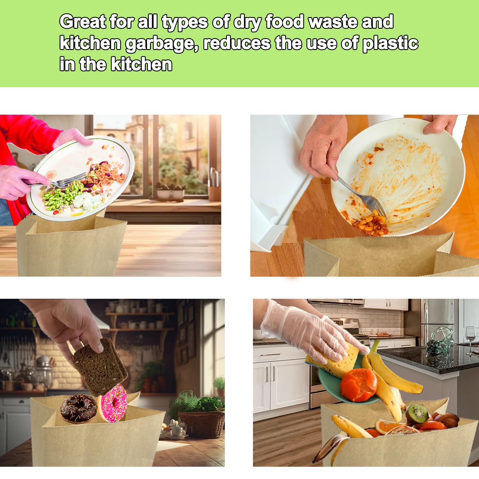 KAIHENG Kitchen Food Waste Bags, 50PCS Compostable Paper Garbage Bag, Recycling Paper Trash Bag for Dry Rubbish, Plastic Free
