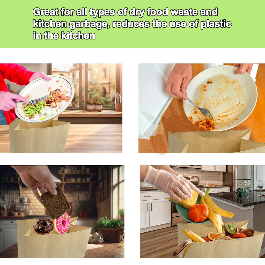 KAIHENG Kitchen Food Waste Bags, 100PCS Compostable Paper Garbage Bag, Recycling Paper Trash Bag for Dry Rubbish, Plastic Free