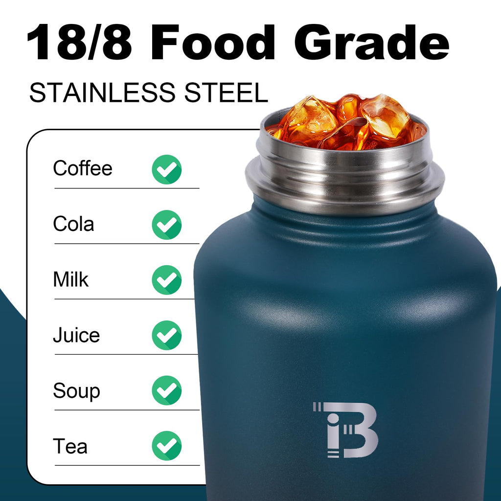 TOPBADE Insulated Water Bottle 64 oz, Double Wall Vacuum Stainless Steel (Cold for 48 Hrs), Leak Proof & BPA-Free, Half Gallon Water Flask Jug with Paracord Handle & Straw Spout Lids