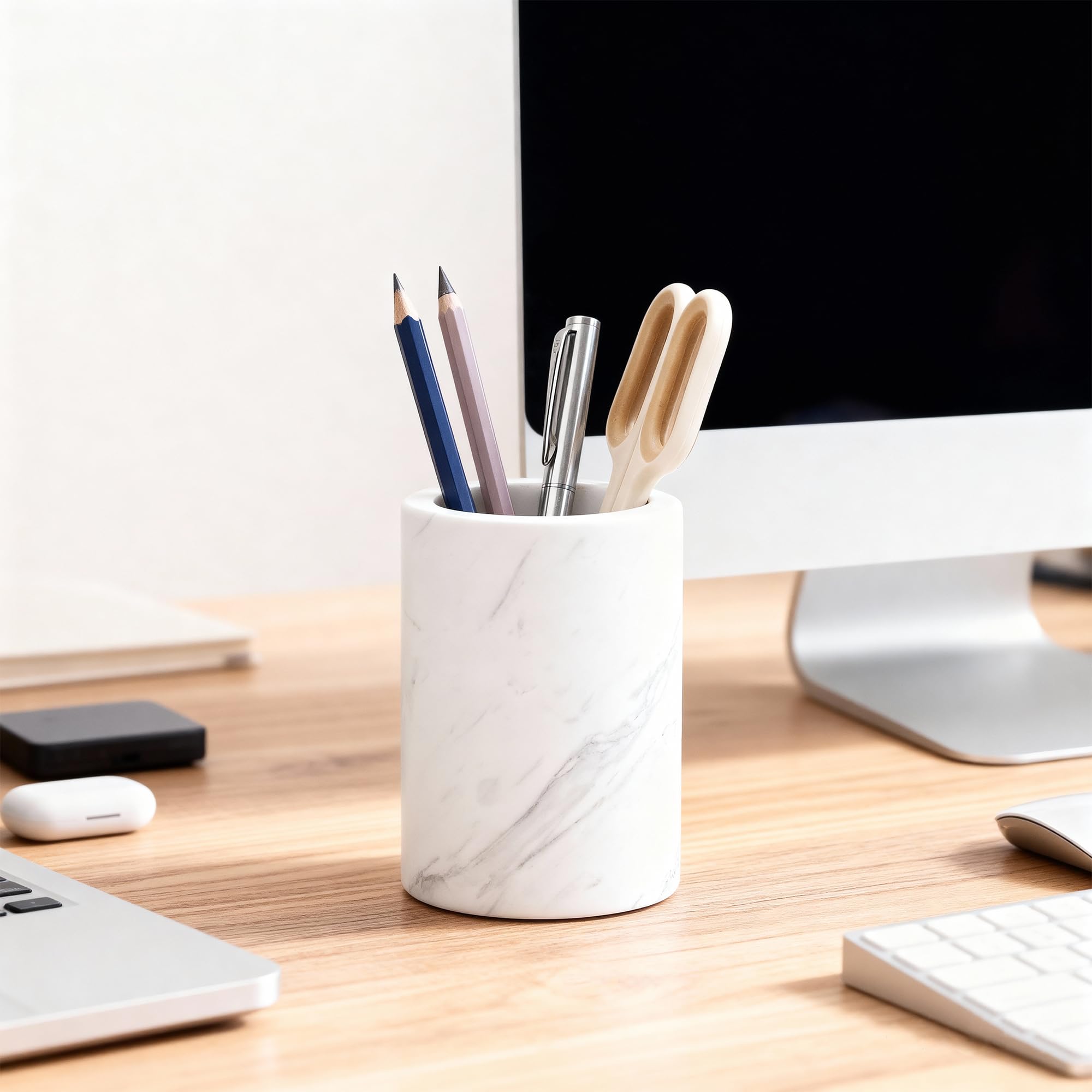 WORHE Natural Marble Pen Holder for Desk, Handcrafted Volakas Sturdy Desk Organizer for Office Supplies Storage Desktop Stationary Makeup Brushes Cup Pencil Holders for Home White (DL002)
