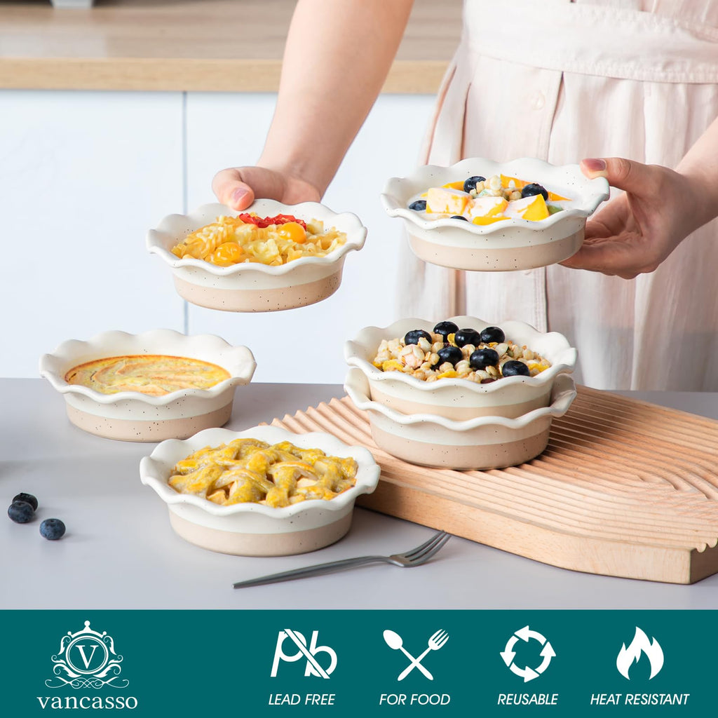 vancasso Sabine Mini Pie Pans Set of 6, 5.2 Inch Ceramic Small Pie Dish, Individual Pie Plates Ramekins with Ruffled Edge for Chicken Pot Pie, Cake, Quiche, Tart, Microwave & Oven Safe, Cream Colored