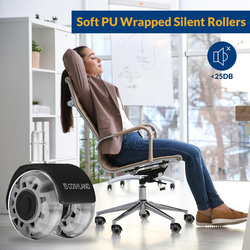 COSYLAND Office Chair Wheels Replacement - Rubber Chair casters for Hardwood Floors and Carpet, Set of 5, Heavy Duty Office Chair casters for Chairs to Replace Silver
