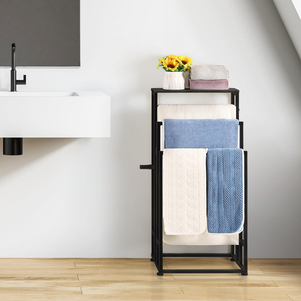 Freestanding Towel Rack 3 Tier Towel Drying Rack for Bathroom Standing Hand Towel Holder Black Towel Rack Stand with Storage Shelf for College Dorm Pool Side (Black)