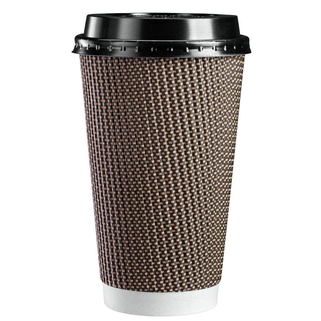 GUSTO [16 oz - 50 Sets] Insulated Brown Patterned Ripple Paper Hot Coffee Cups with Lids (Lids Color May Vary) - Ideal for Hot Beverages, Travel, and Office Use - Formerly Comfy Package