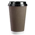 GUSTO [16 oz - 50 Sets] Insulated Brown Patterned Ripple Paper Hot Coffee Cups with Lids (Lids Color May Vary) - Ideal for Hot Beverages, Travel, and Office Use - Formerly Comfy Package