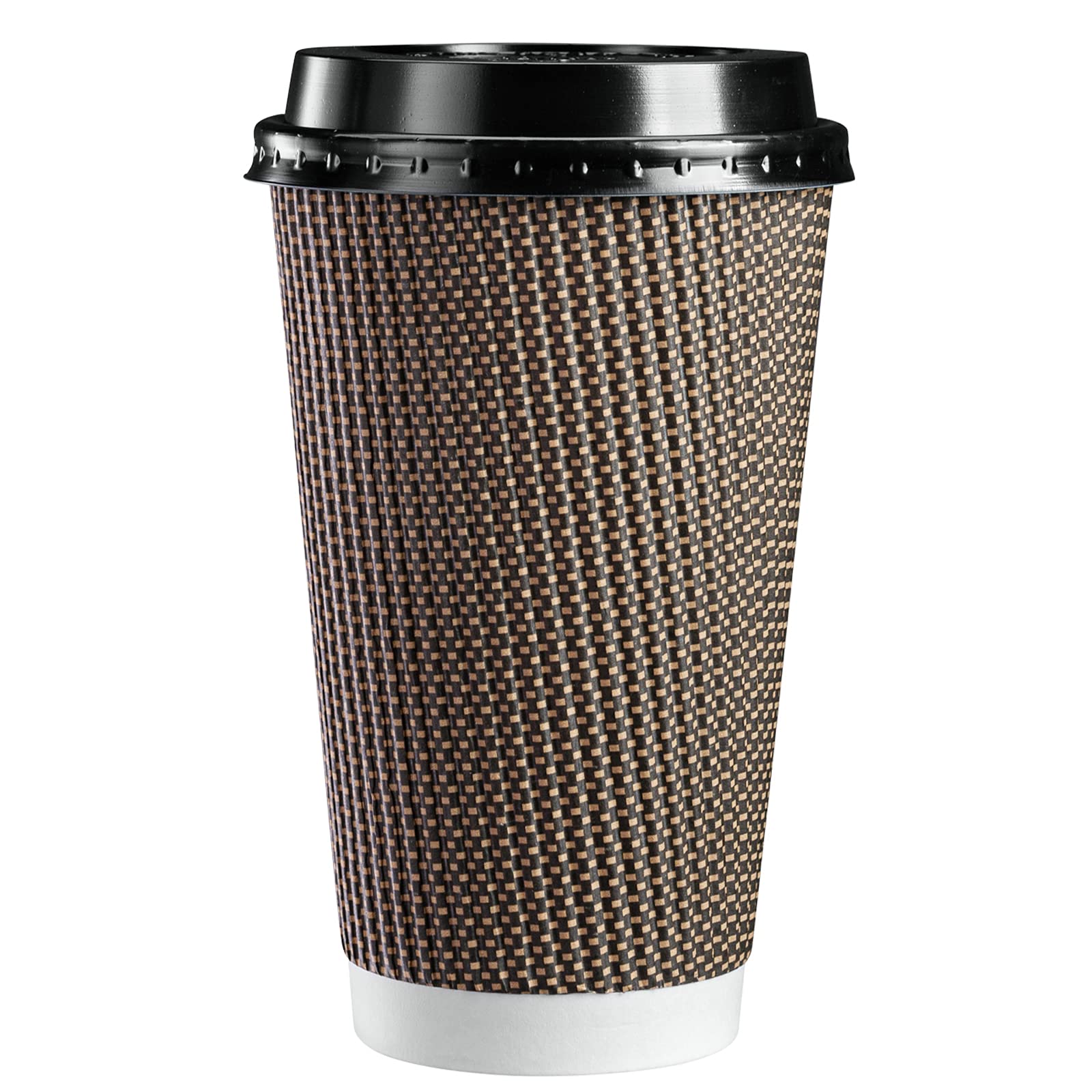 GUSTO [16 oz - 50 Sets] Insulated Brown Patterned Ripple Paper Hot Coffee Cups with Lids (Lids Color May Vary) - Ideal for Hot Beverages, Travel, and Office Use - Formerly Comfy Package