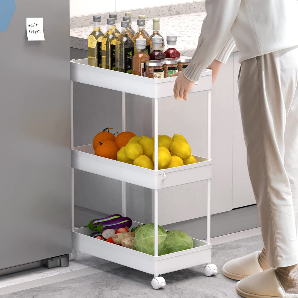 SPACELEAD 3 Tier Rolling Cart with Wheels, Storage Craft Art Cart Trolley Organizer Serving Cart, 3 Hanging Baskets Easy Assembly, for Office, Living Room, Kitchen, White