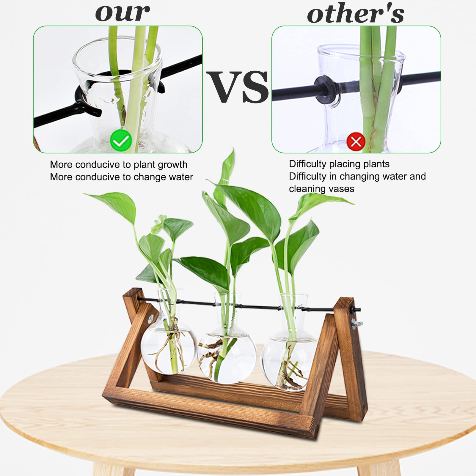 Hbnlai Plant Propagation Station, Plant Terrarium with Wooden Stand for Hydroponic Plants Home Garden Office Decor Indoor, Gardening Birthday Gifts for Women Mom - 3 Bulb Glass Vases