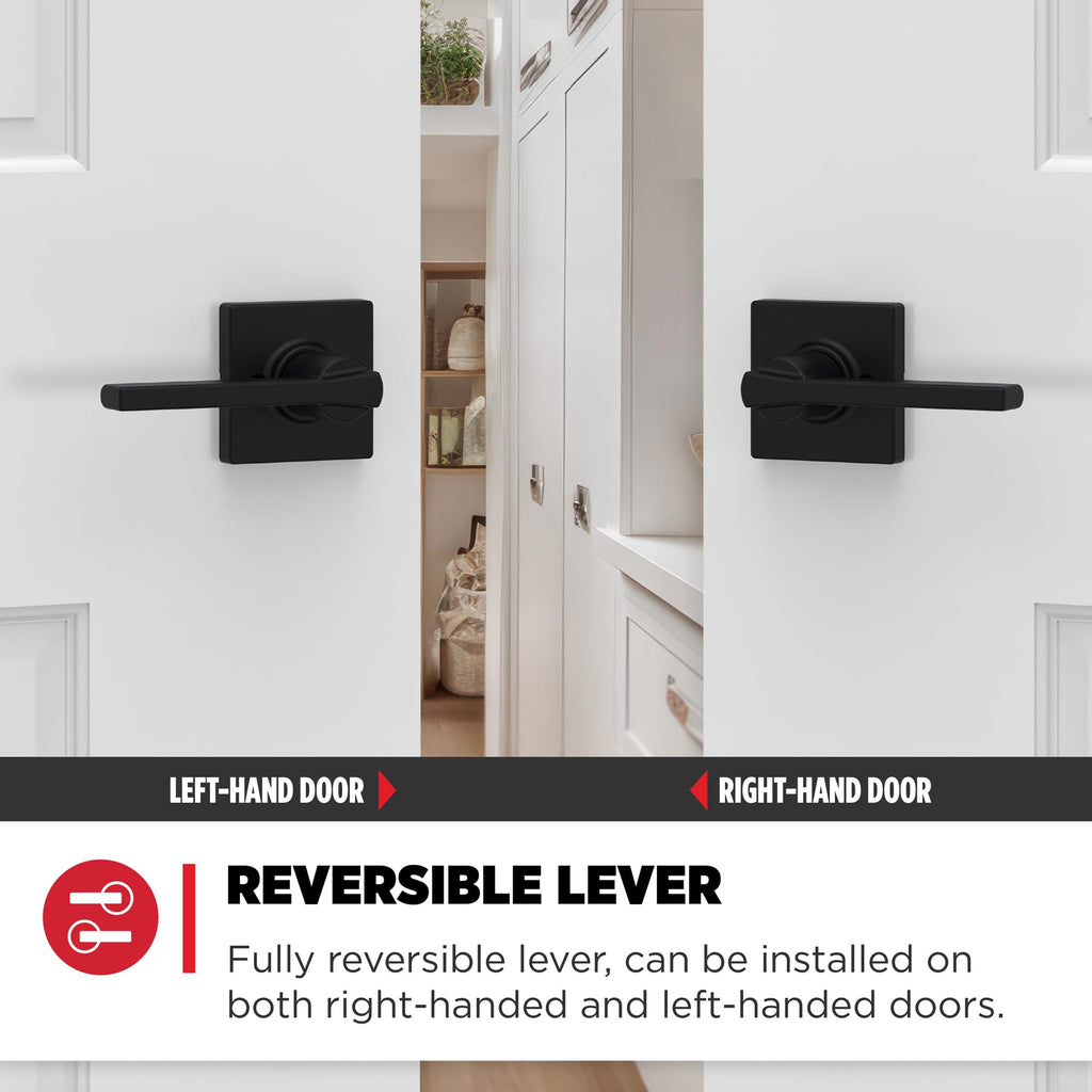 Kwikset Casey Dummy Door Handle, Single Sided Lever for Closets, French Double Doors, and Pantry, Matte Black Non-Turning Reversible Interior Push/Pull Lever, with Microban Protection (1 Count)