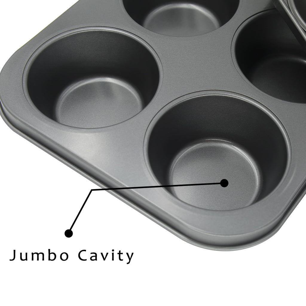 Bakexcel Non-Stick Jumbo Muffin Pans, 6-Cup Set of 2 Baking Pans with a Spatula for Extra-large Muffins & Cupcakes