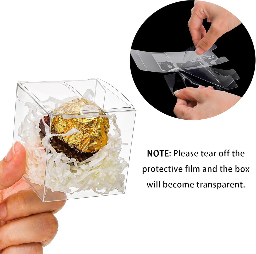 Nicunom 120 Pack 2x2x2 Inch Clear Favor Boxes with Ribbons, Small Plastic Gift Boxes Mini Transparent Cube Individual Candy Macaron Packaging Box for Wedding Birthday Party Baby Shower Treats