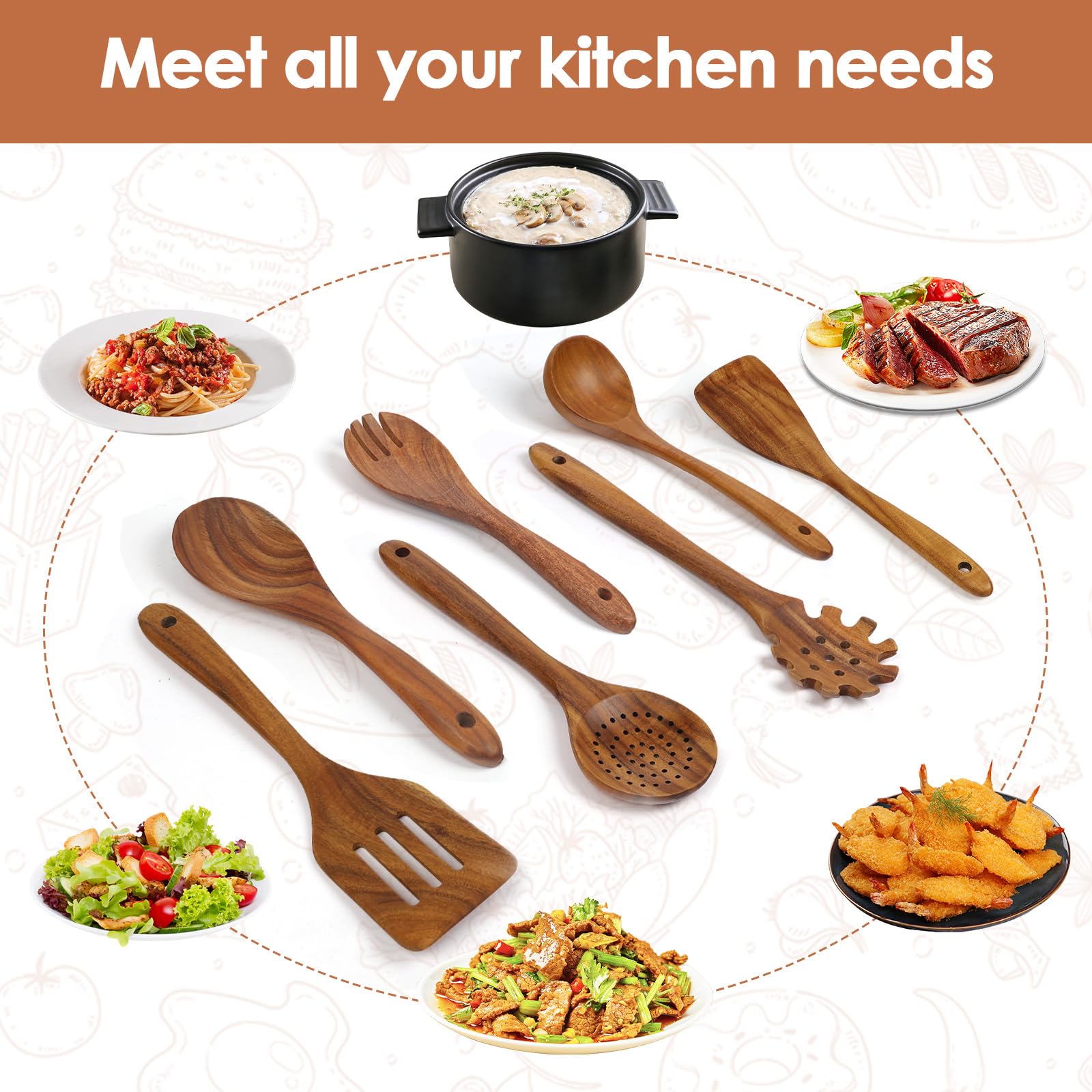 comfoyar Teak Wooden Spoons for Cooking, 7 Pieces Kitchen Cooking Utenails Set with Spatula and Ladle, Heat Resistant Kitchen Cookware for Nonstick Pan