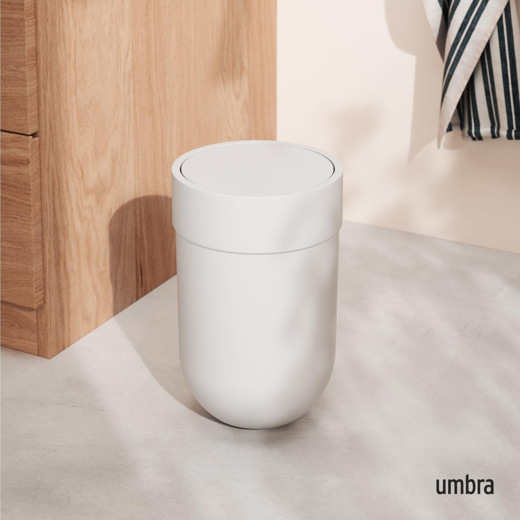 Umbra Touch Trash Can, Small 1.6-Gallon Garbage Bin with Swing Lid, Waste Basket for Bathroom or Office, White
