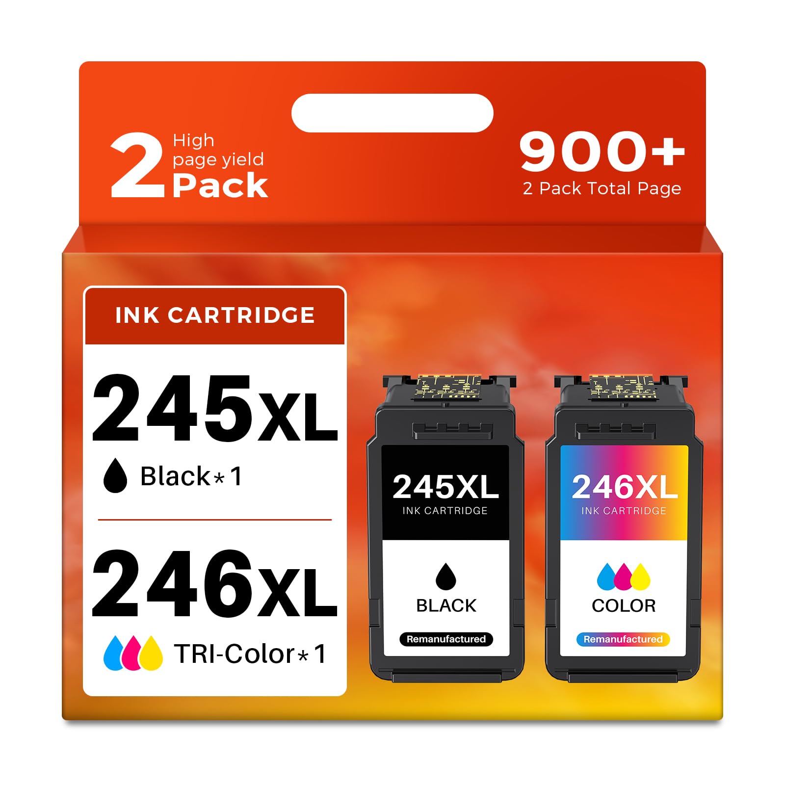 (2 Pack) 245XL 246XL Ink Cartridges Compatible Replacement for Canon 245 XL 246 XL PG-245 CL-246 Combo Pack Work with Pixma TR4520 TR4527 MG2522 MG2520 MX490 MX492 TS202 Printer (Black, Tri-Color)