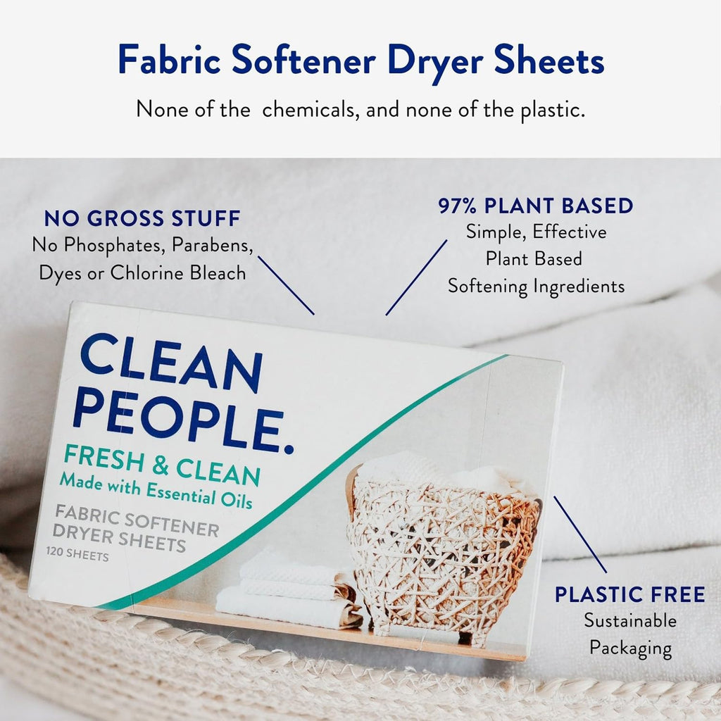 The Clean People Fabric Softener Sheets - Dryer Sheets - Softens & Removes Static Cling - Vegan Laundry Softener, Essential Oils - Fresh Scent 240 Pack