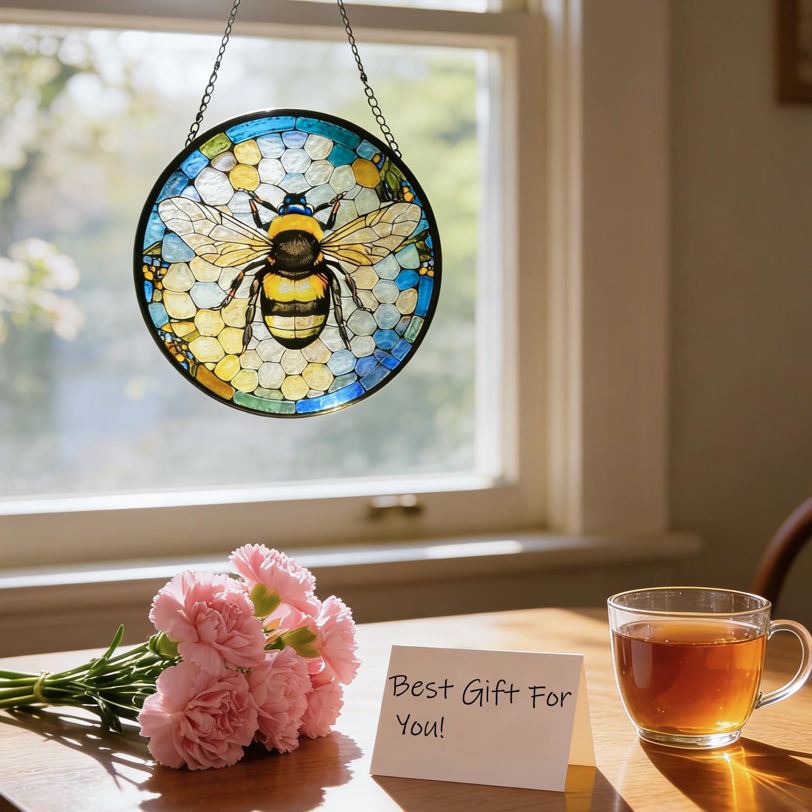 Huyfoig Ice Crack Bee Stained Glass Window Hanging, Bumblebee on Honeycomb Suncatchers for Windows Hanging Ornament for Home, Office Decor Christmas Birthday Gift for Mom Grandma (8""/20cm), HUY216