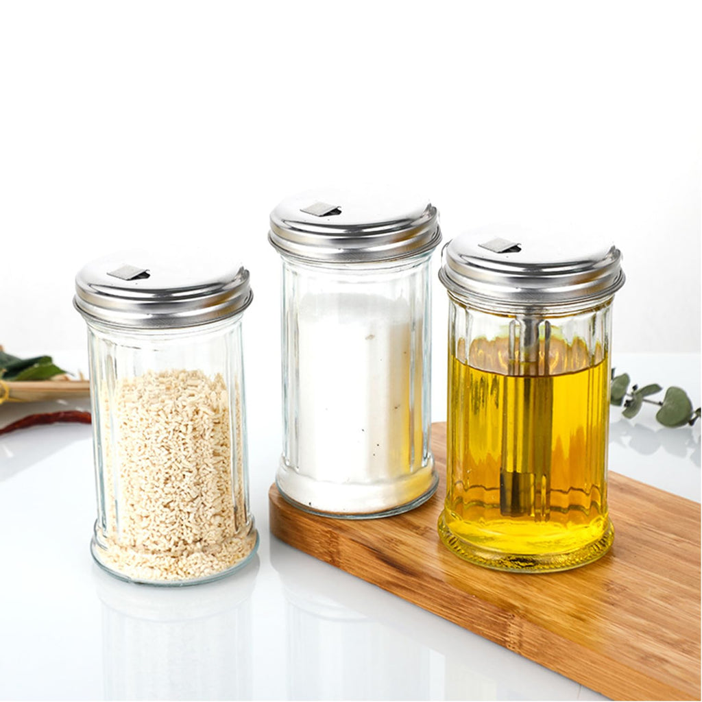 Suweiyuanshiyi 2 Pack 12OZ Glass Sugar Dispenser/Shaker/Pourer with Stainless Steel Pour-Flap Lid for Coffee Bar Vintage Glass Jar for Sugar Cinnamon SpicesRetro Style