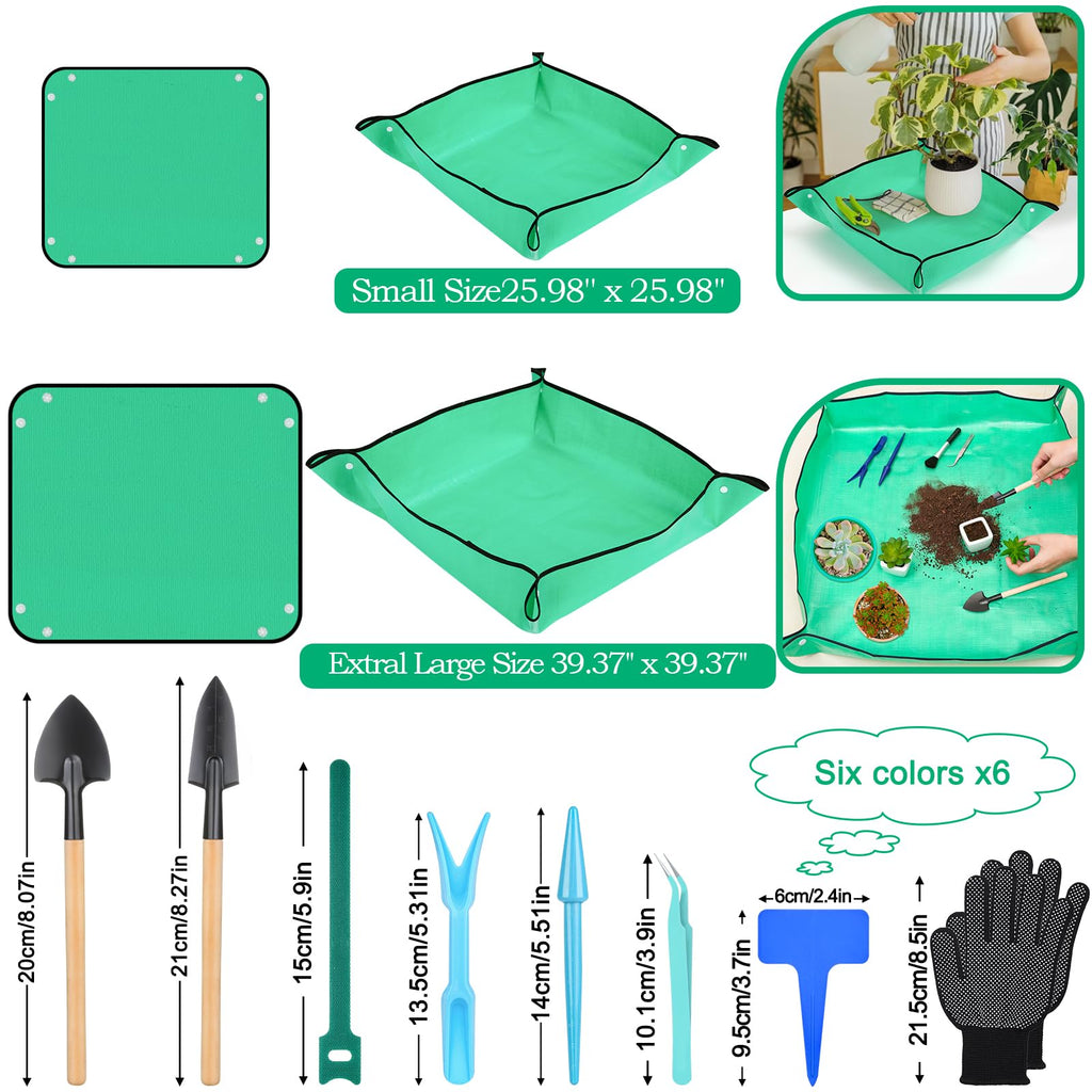 Lucomb 2Pcs Repotting Mat Set, 39''Large & 26''Small Foldable Waterproof Plant Gardening Mats with Accessories, Portable Potting Tray for House Plants Succulents
