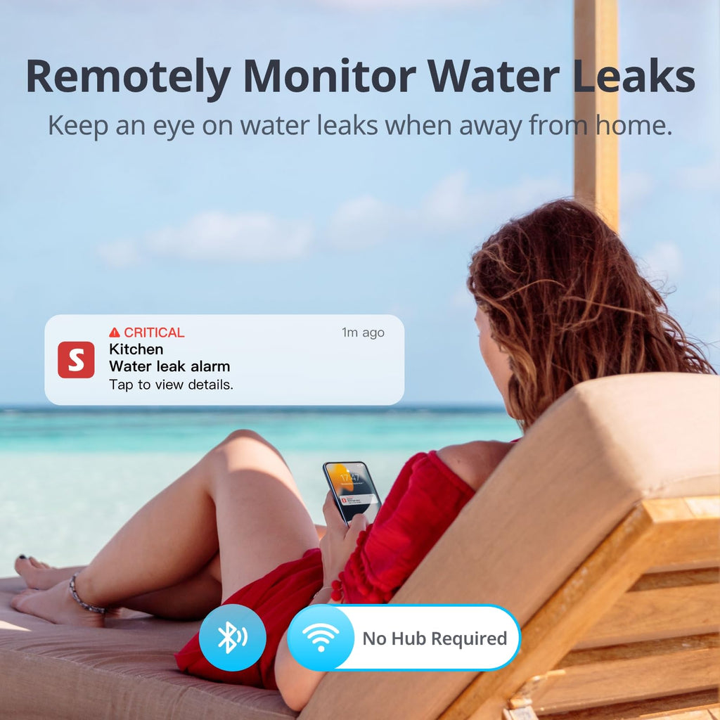 No Hub Required WiFi Water Sensor, Smart Water Leak Detector, 100dB Adjustable Alerts & App Alerts, IP67 Waterproof, Wireless Detector for Home with 1m Sensing Cable (Support 2.4G)