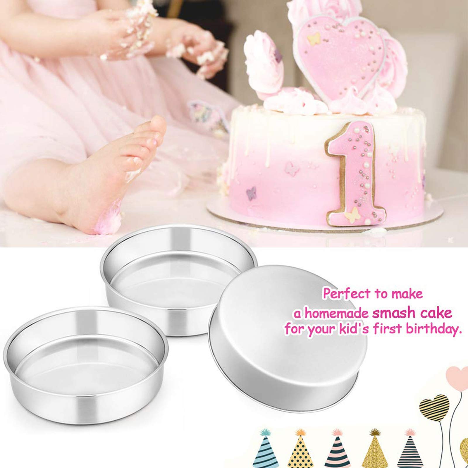 6 Inch Cake Pan Set of 2, E-far Stainless Steel Round Smash Cake Baking Pans, Non-Toxic & Healthy, Mirror Finish & Dishwasher Safe