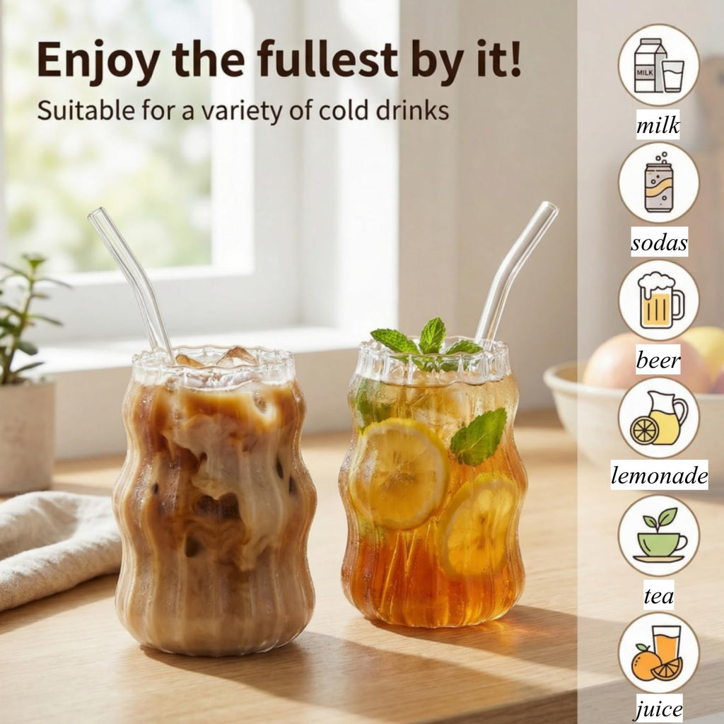 Tebery 4 Pack Ribbed Aesthetic Glass Cups with Glass Straw, 16Oz Vintage Drinking Glassware Ripple Cocktail Glasses for Iced Coffee Juice Beverage Milk