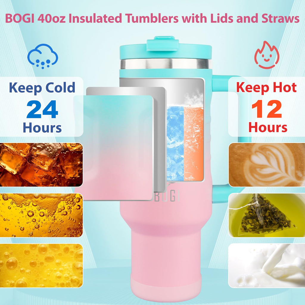 BOGI 40oz Tumbler with Straw and Lid, Insulated Tumbler with Handle for Hot and Cold Drinks Double Wall Stainless Steel Tumbler with 2 in 1 Air Tight Lid Leak Proof Travel Mug | Sky Blue Pink