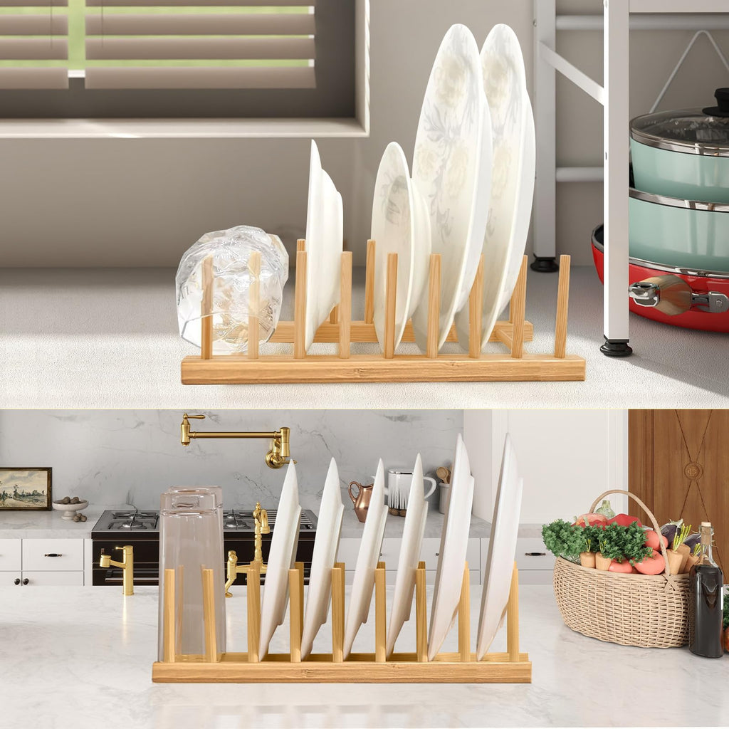 2PCS Bamboo Dish Rack, 8 Slots Wooden Plate Rack, Dish Stand Holder Vertical Drainer Kitchen Cabinet Organizer for Dish, Pots, Lids, Bowls, Cups,Cutting Board and More
