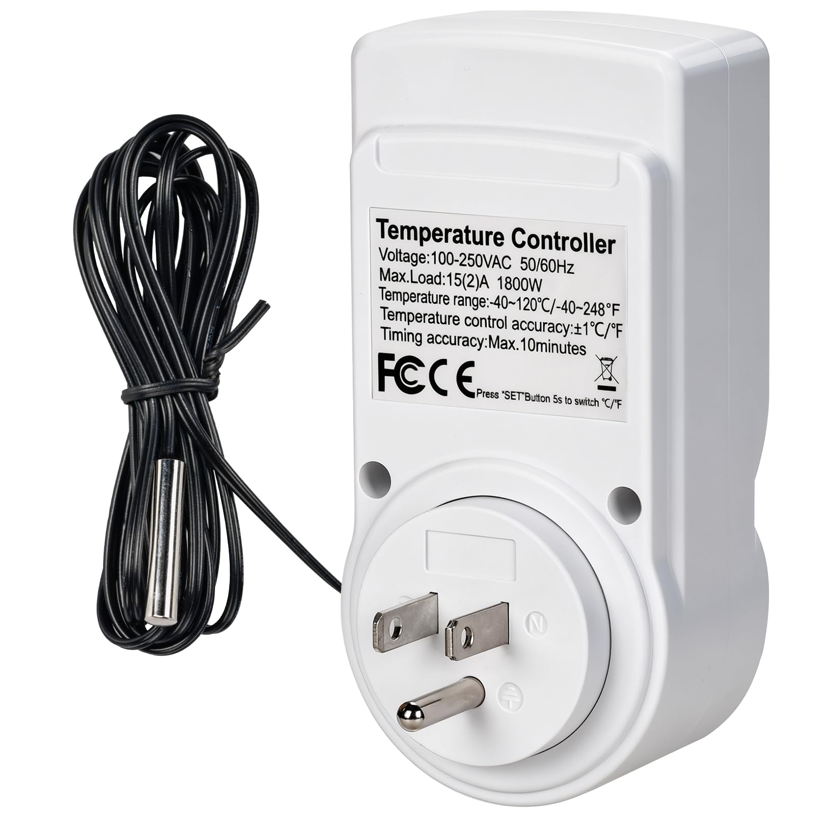XIBETEO Digital Thermostat Outlet Plug Temperature Controller, Thermostat Reptile -40°C~120°C Hating Cooling Timing Plug with 1.7m Sensor for Greenhouse Incubator Brewing Terrarium 120V 15A 1800W