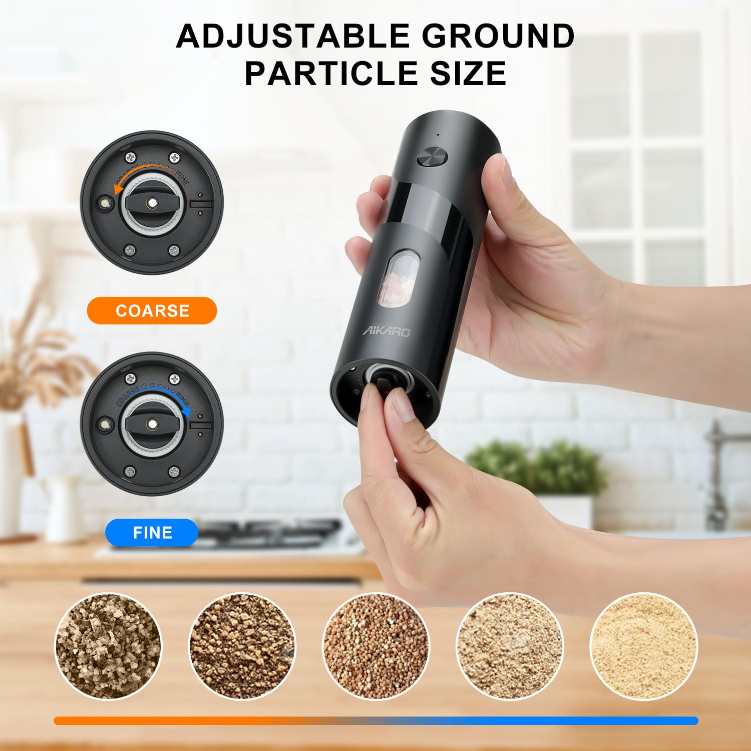 AIKARO - Electric Salt and Pepper Mill Automatic Spice Grinder, Battery Operated