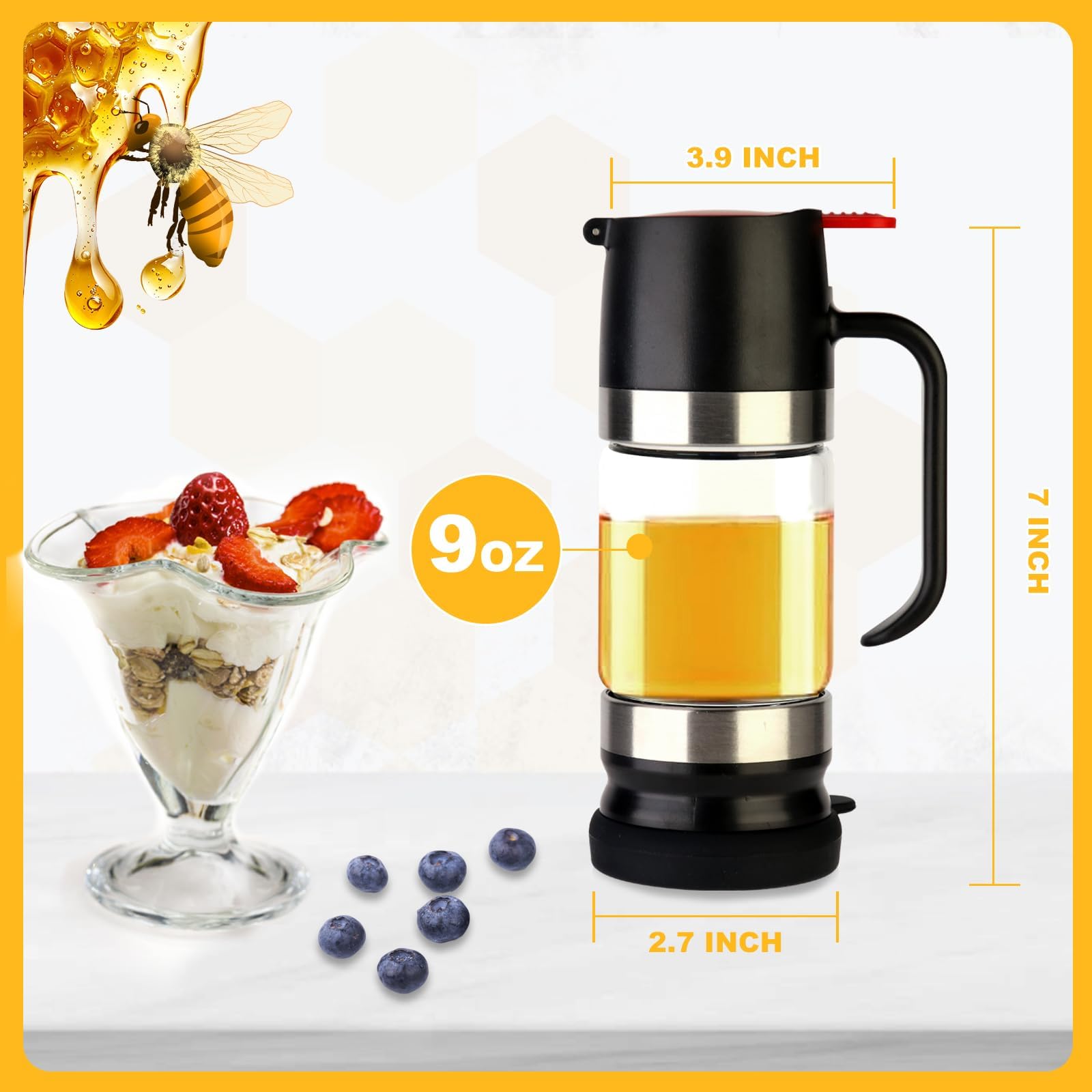 HOMKULA Glass Honey Dispenser No Drip, Maple Syrup Dispenser for Coffee, Tea, Pancake, Black (9 OZ, 1 Pack) C1