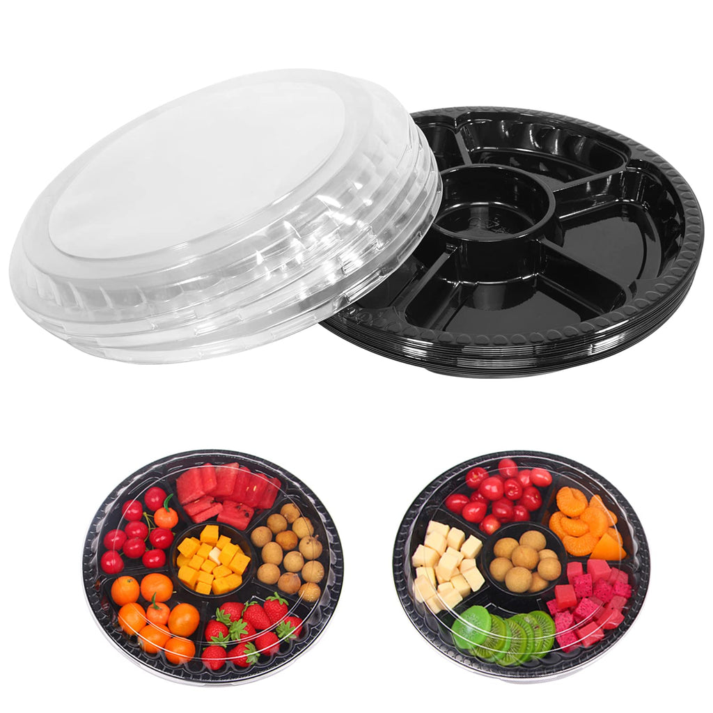 mwellewm 10 Pcs Round Plastic Appetizer Tray with Lid,Divided Serving Tray, Disposable Food Storage Trays Containers, Plastic Tray Storage,Fruit Platter Vegetable Trays for Party and Buffet 10.4 Inch