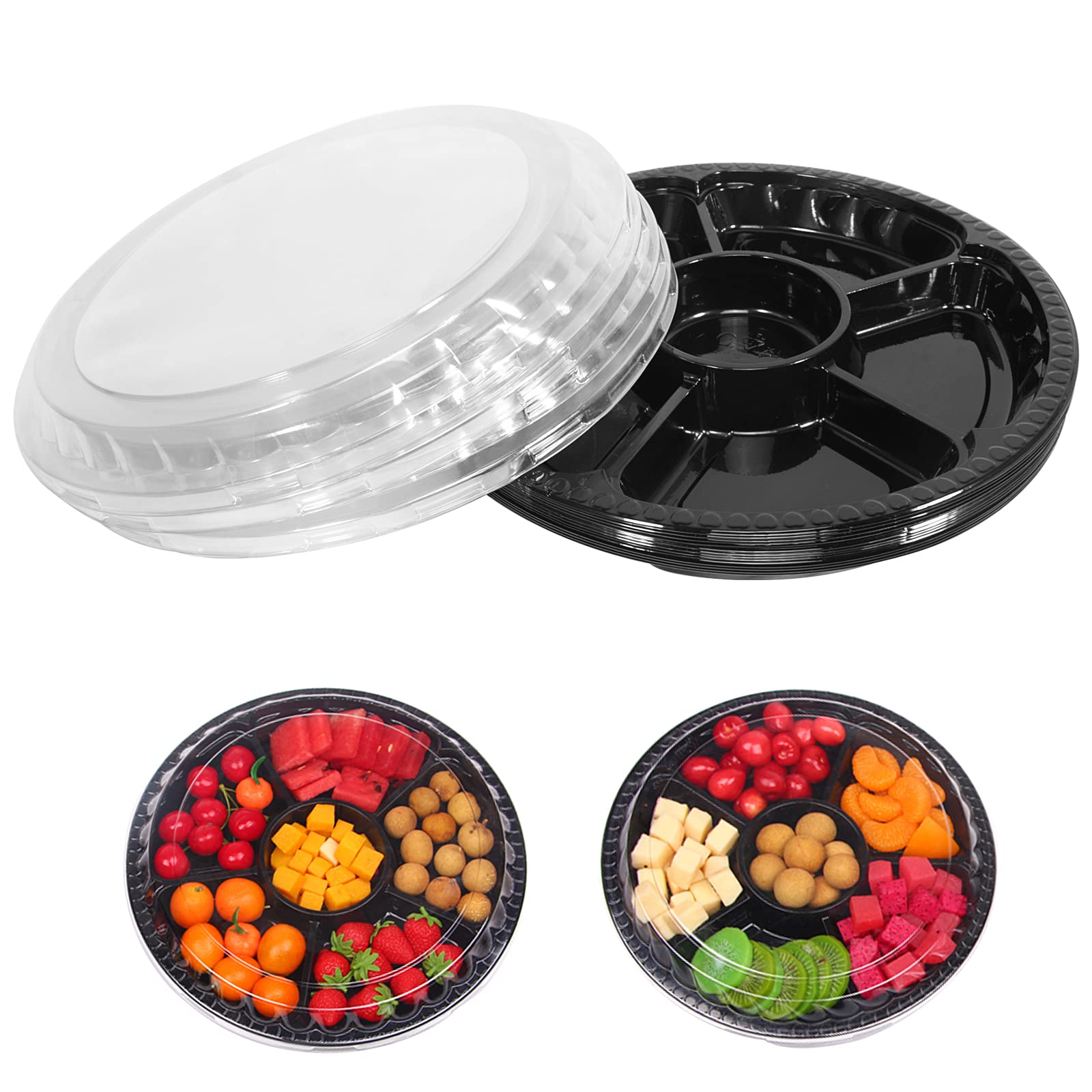 mwellewm 10 Pcs Round Plastic Appetizer Tray with Lid,Divided Serving Tray, Disposable Food Storage Trays Containers, Plastic Tray Storage,Fruit Platter Vegetable Trays for Party and Buffet 10.4 Inch