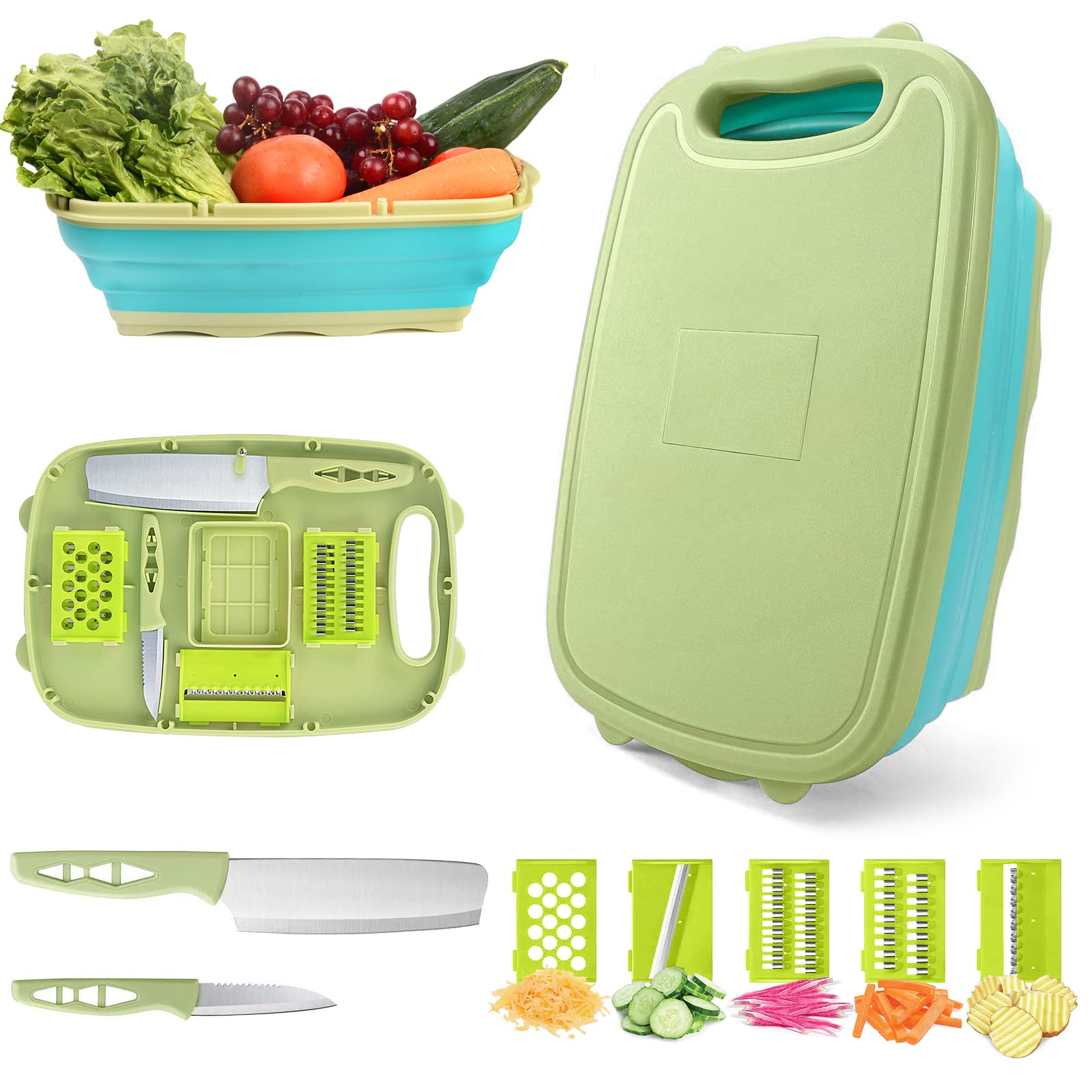 HI NINGER 9-in-1 Collapsible Camping Cutting Board With Colander, Multi Chopping Board Kitchen Vegetable Washing Basket, Camping Gifts and Accessories for RV Campers