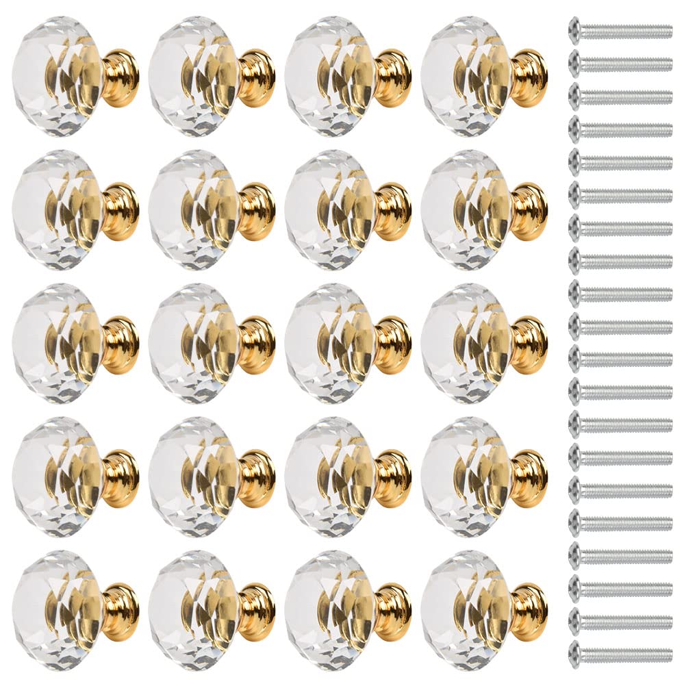 BUYGOO 20Pack Clear Crystal Glass Door Knobs Pull Handle, Diamond Wardrobe Doorknob, Crystal Glass Drawer Knobs, Cabinet Cupboard Handle Pull Knobs, Door Pull Handle with Screws for Home(30MM)