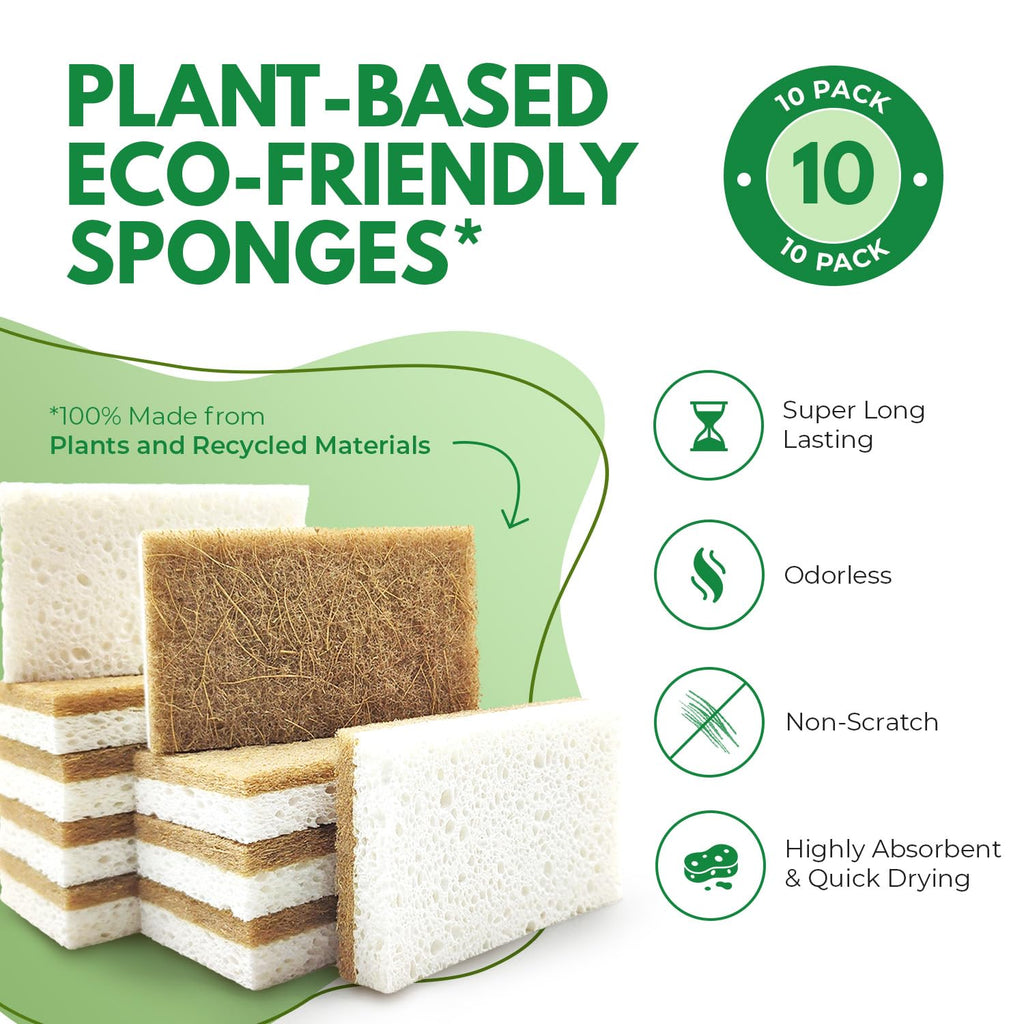 AIRNEX 10 Pack Biodegradable Natural Kitchen Sponges - Eco Friendly Cellulose and Coconut Dish Scrubbers - Odourless, Non Scratch, Dual Sided Multipurpose Sponges