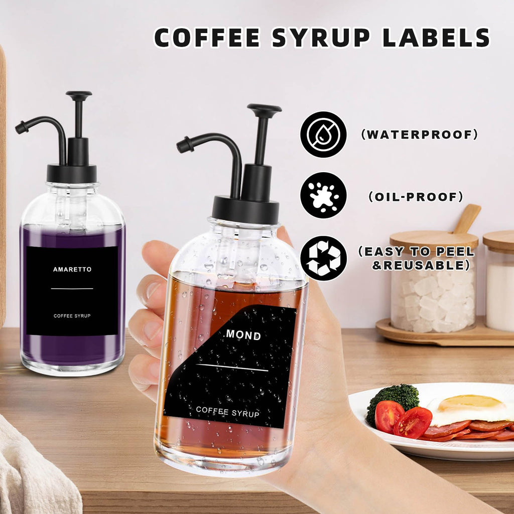 Sunal Set of 4 Coffee Syrup Dispenser, 500ml/16.9 oz Glass Pump Bottle With 36 Waterproof Labels and Funnel for Kitchen Coffee Bar Accessories