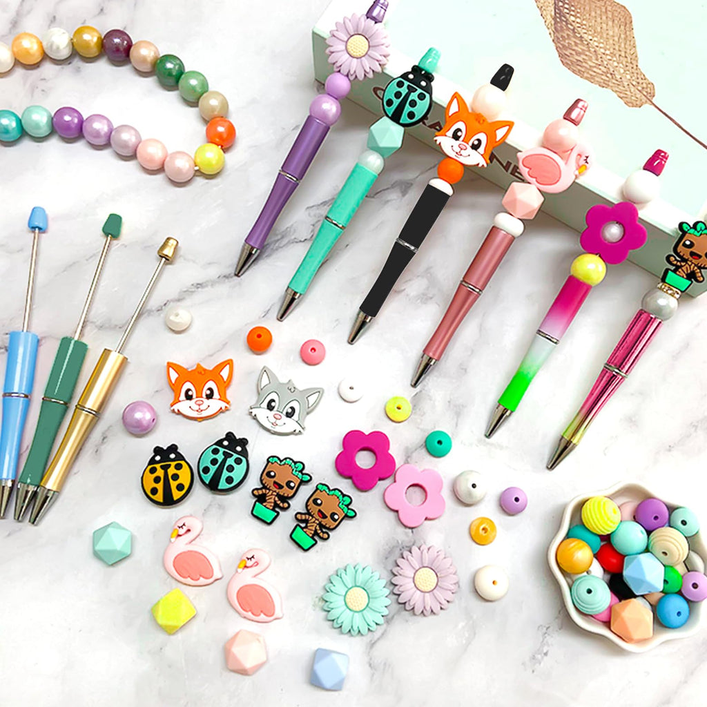 100 Pcs DIY Beadable Pens, Plastic Ballpoint Pens Bulk, Bead Pen with 100 Extra Refill Black Ink for Making Gift Students School Office Supplies (Multicolor)