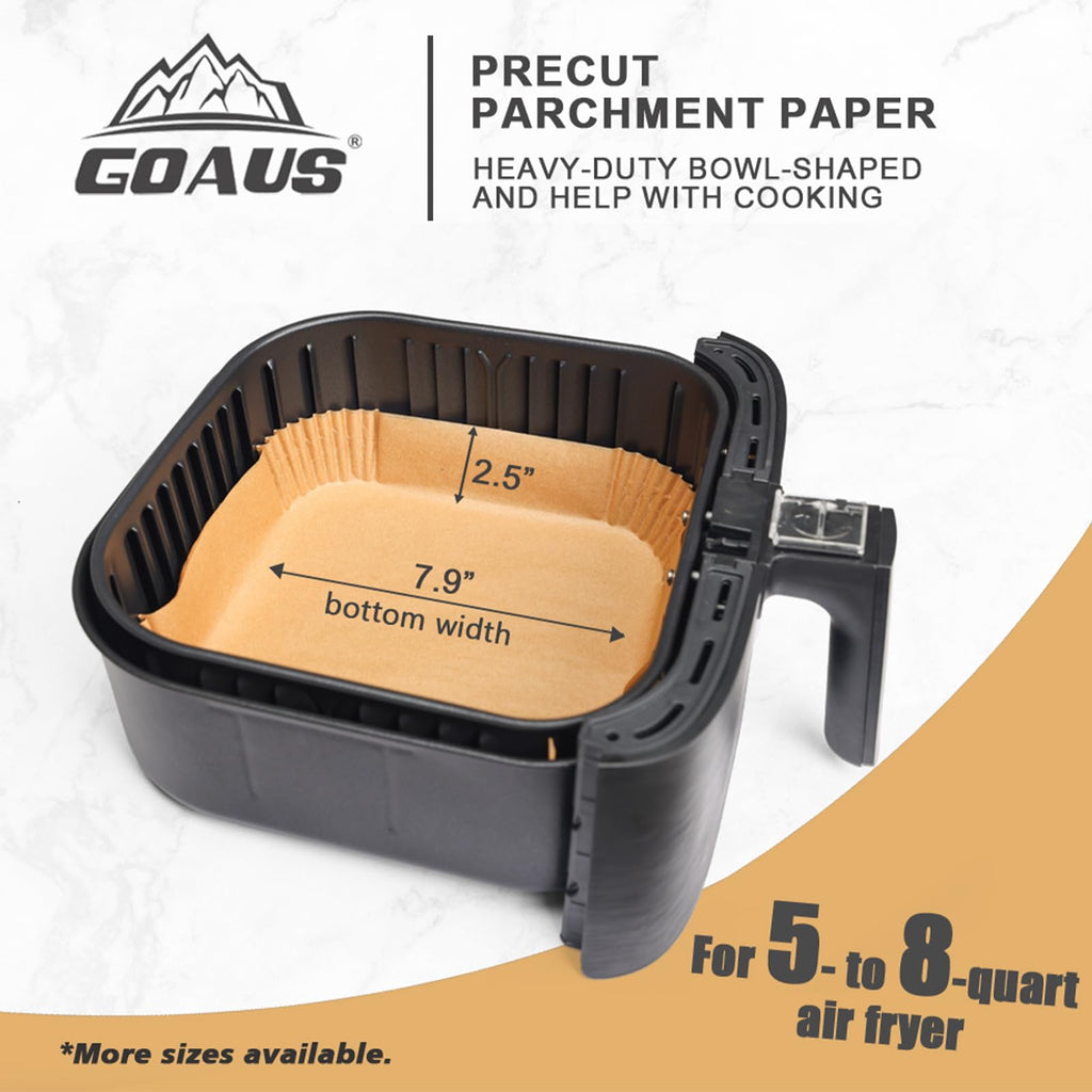 GOAUS Air Fryer Disposable Paper Liner Square Large 150 Pcs for 5 to 8 Qt Basket, 7.9 inch Unbleached Non-stick Oil-proof Parchment Paper