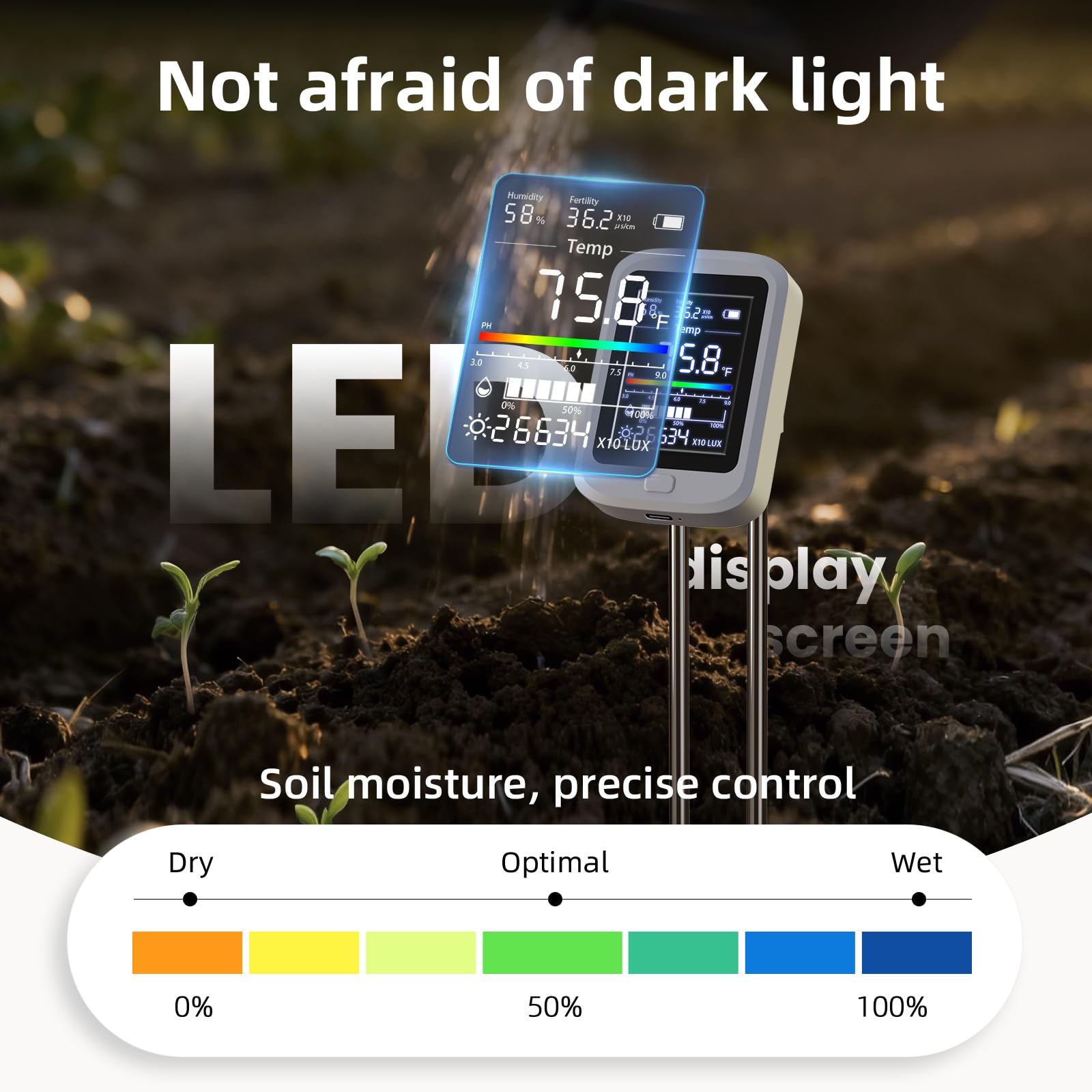 6-in-1 Soil Meter with Ph, Moisture, Fertility, Temperature, Sunlight & Humidity Sensor, Soil Test Kit for Garden, Farm & Lawn Plant Care, Multi-Function Tester Ideal for Plants Lover Gifts
