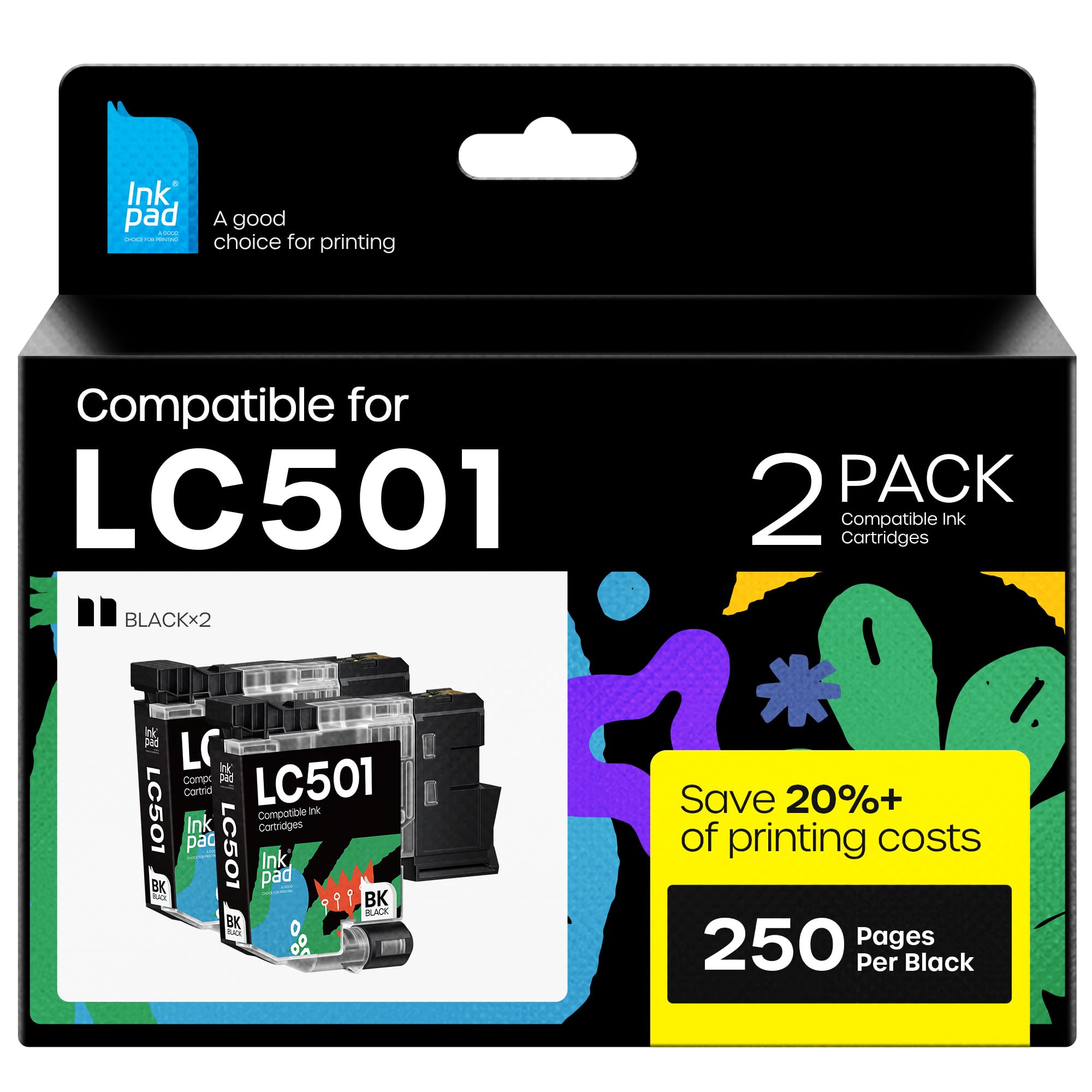Compatible with LC501 High Yield Ink Cartridges Compatible for Brother LC 501 Work for Brother MFC-J1360DW, MFC-J1410DW, MFC-J1260DW Printer 2 Pack, Black