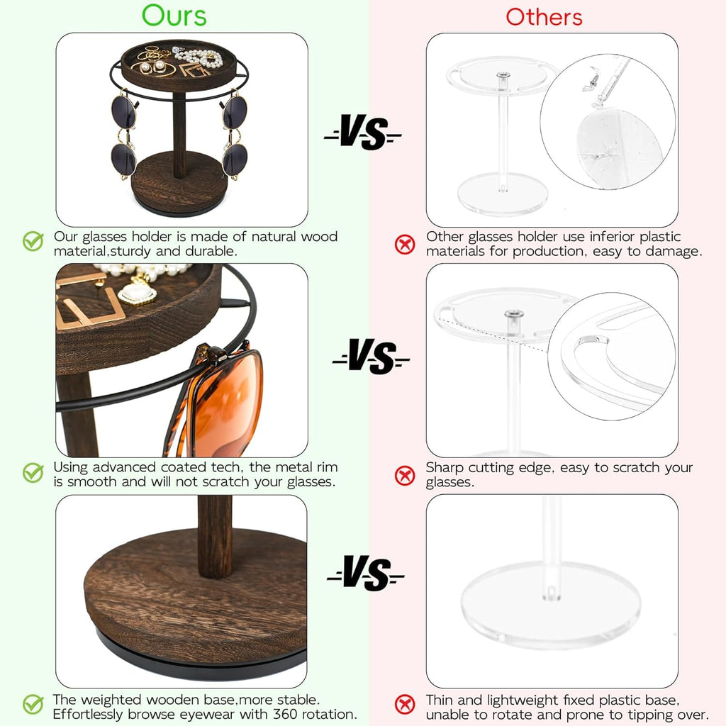 360° Rotating Sunglass Organizer Storage, Metal Frame with Wood Base and Tray, Glasses Holder Stand with Tray for Desk, Dresser, Tabletop, Nightstand and Home Decor
