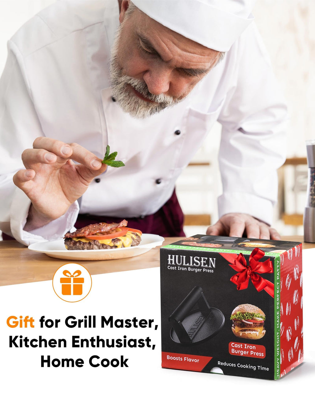 HULISEN Pre-Seasoned Cast Iron Burger Press, Heavy Duty 6” Burger Smasher for Griddle with Heat Resistant Handle, Grill Press for Hamburger, Bacon, Meat, Steak, Patty, Barbecue Grilling Tool